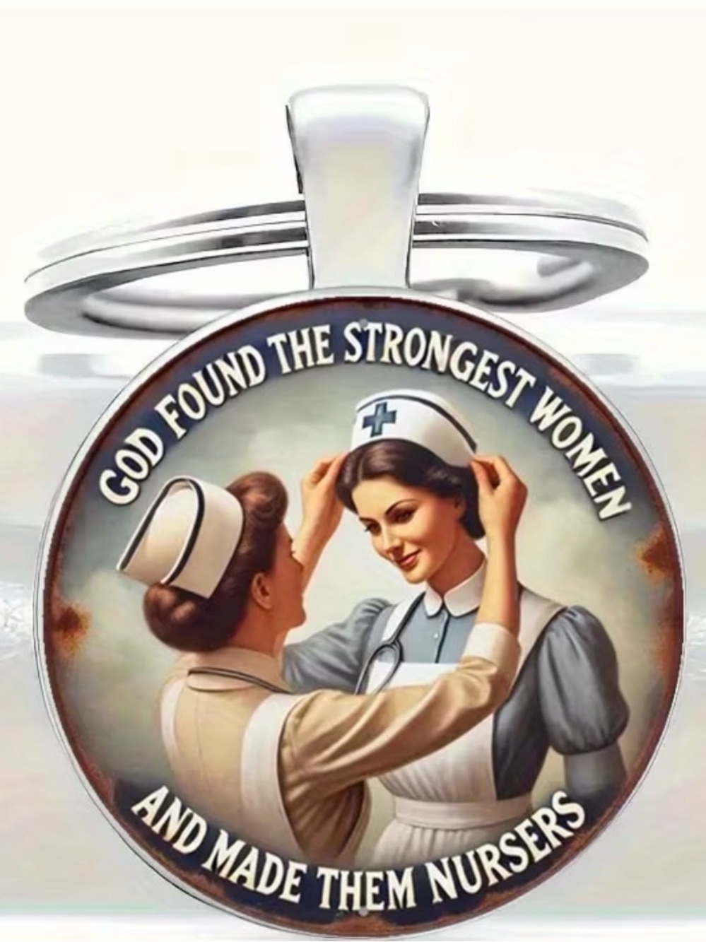 Vintage Nurses Keychain Silver Color- Metal & Resin-Nurses Day! Clear Dome NEW